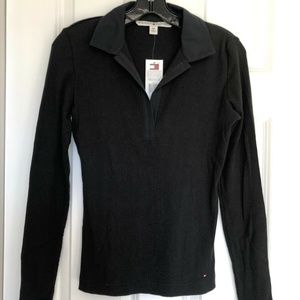 Tommy Hilfiger Women's Black Long Sleeve Ribbed Collared Shirt
